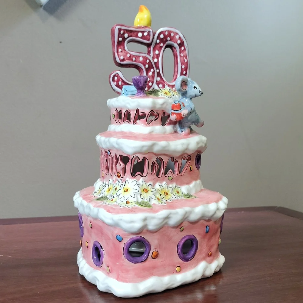 Blue Sky Clayworks 50th Birthday 3 Tier Cake With Mouse Votive Cover